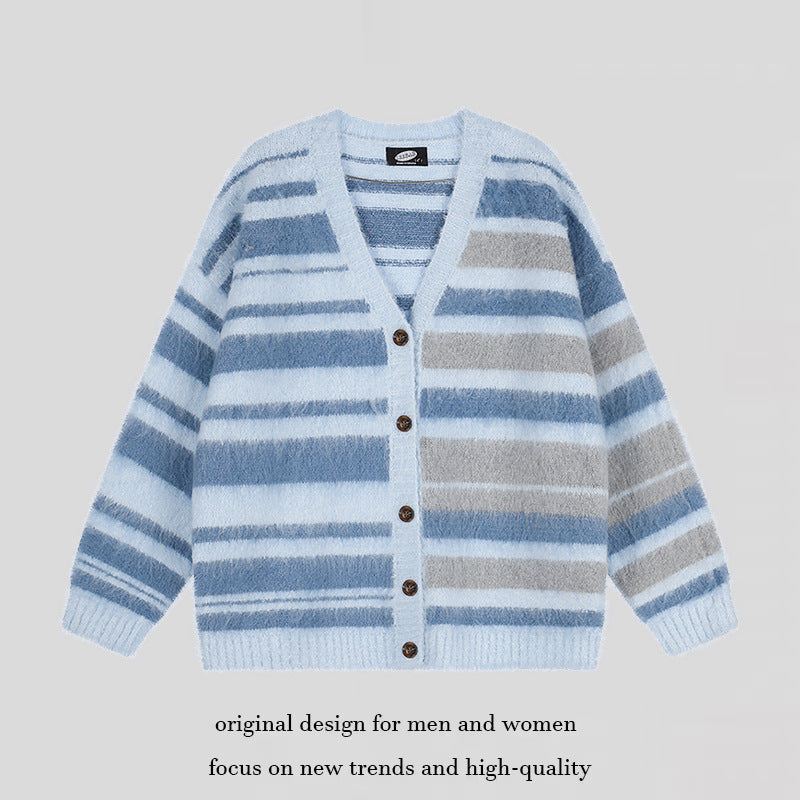 Damen Oversize-Strickjacke mit V‑Ausschnitt, kuscheliger Mohair‑Optik und gestreiftem Muster Echoarchiv