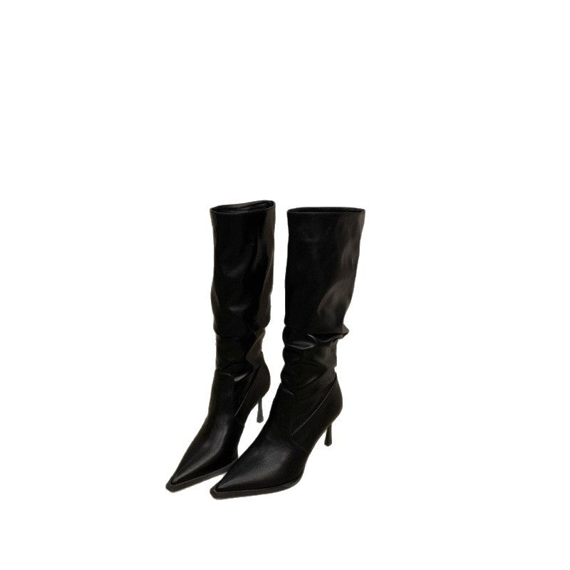 Damen Slouchy kniehohe Stiefel mit spitzer Zehenform und skulpturellem Stiletto-Absatz – Lioré