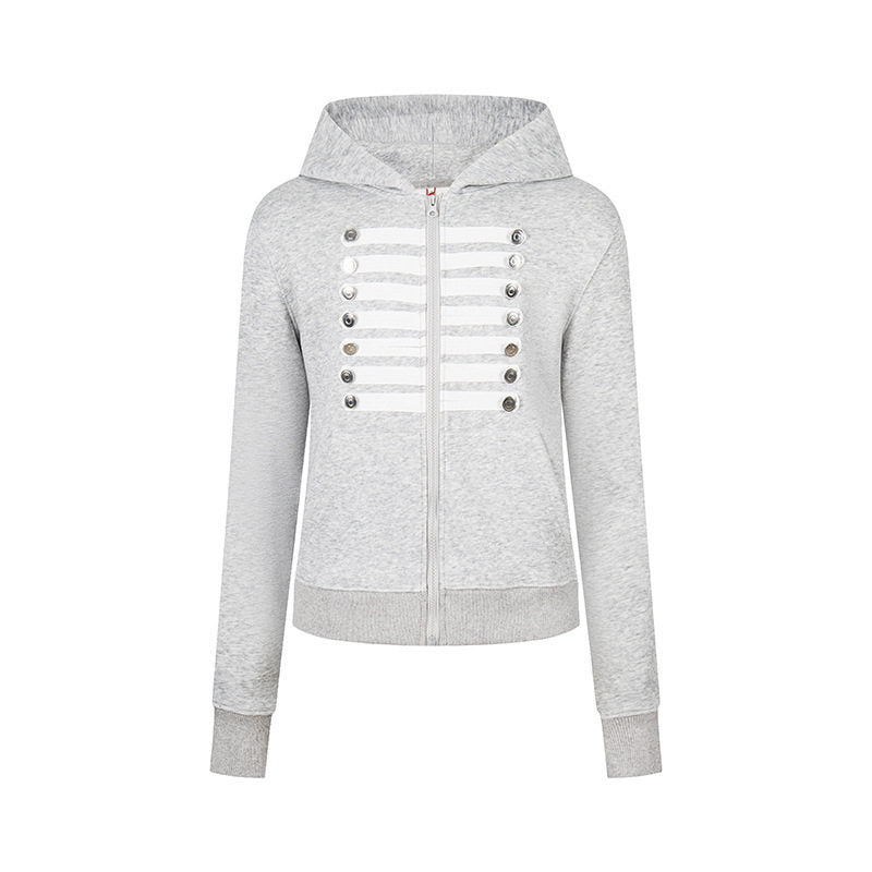 Damen Kapuzen-Sweatjacke mit dekorativer Militär‑Bortenleiste und Zierknöpfen Echoarchiv