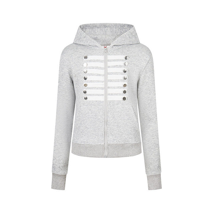 Damen Kapuzen-Sweatjacke mit dekorativer Militär‑Bortenleiste und Zierknöpfen Echoarchiv