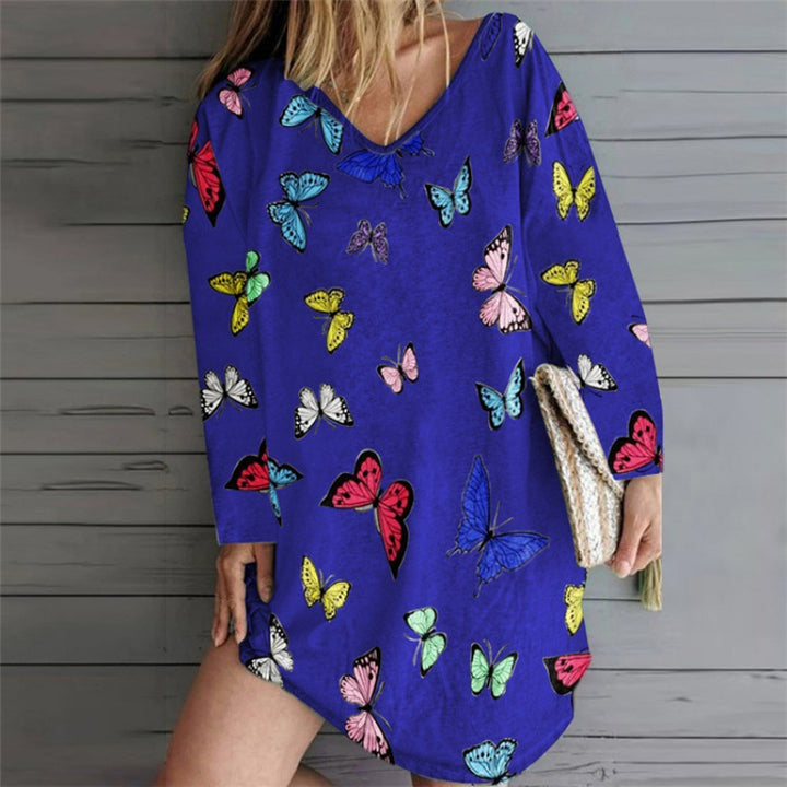 Damen Oversize Tunika-Kleid mit V-Ausschnitt und Schmetterlingsprint – Lunéa