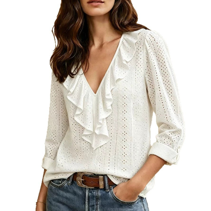 Damen luftige Ajourspitzenbluse mit V-Ausschnitt und Volant – Élovi