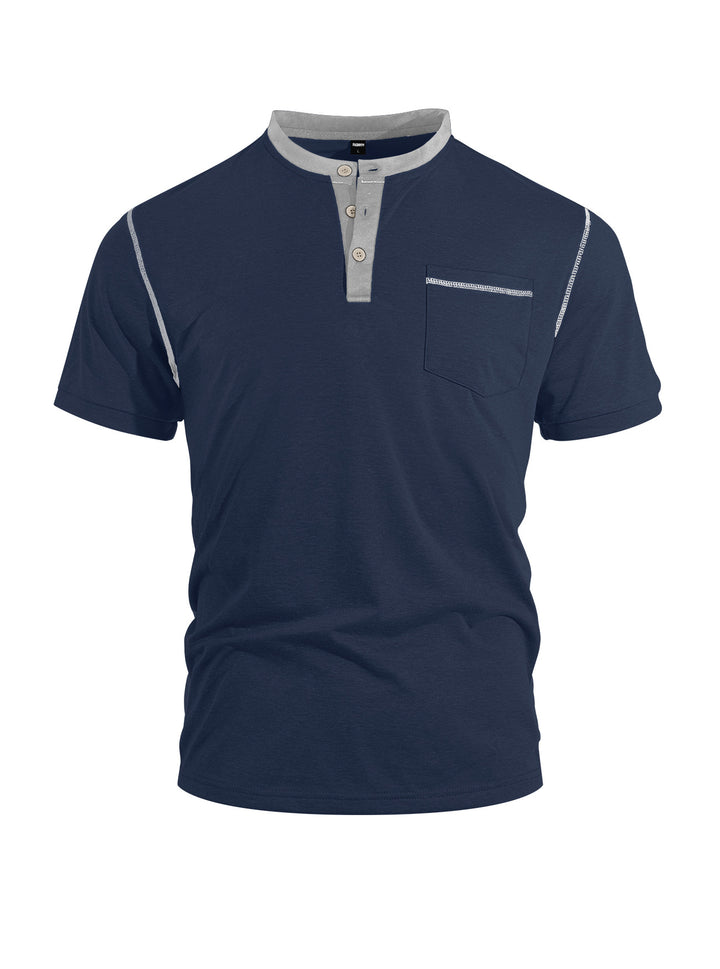 Herren nan legeres Kurzarm-Bandkragenshirt mit Knopfleiste Brusttasche und Flatlocknähten Echo Archiv
