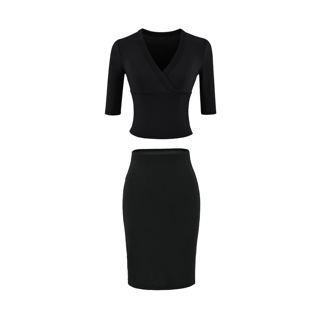 Damen Zweiteiliges figurbetontes Wickel-Top mit Dreiviertelärmeln und Highwaist-Bleistiftrock Echoarchiv