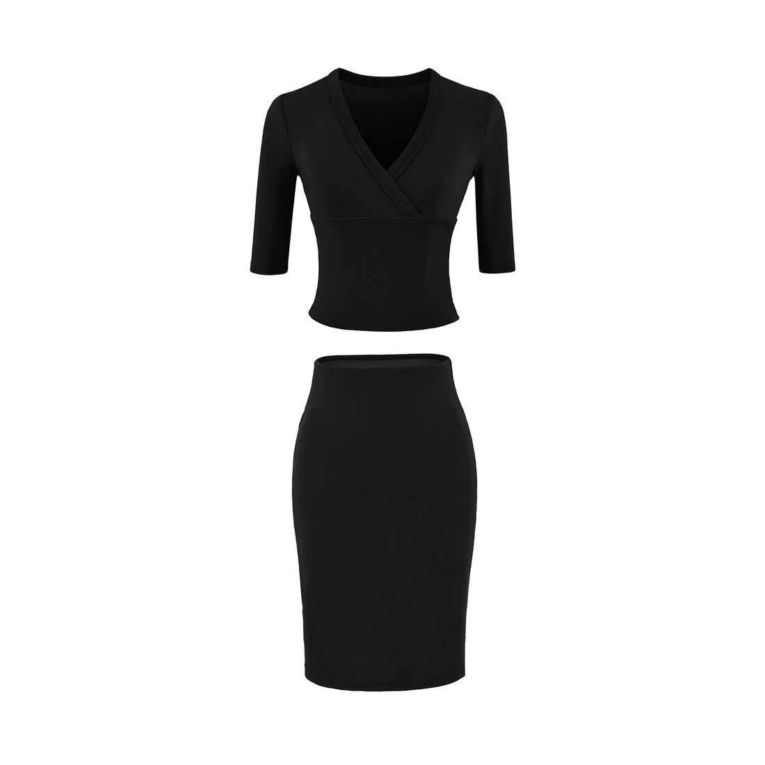 Damen Zweiteiliges figurbetontes Wickel-Top mit Dreiviertelärmeln und Highwaist-Bleistiftrock Echoarchiv