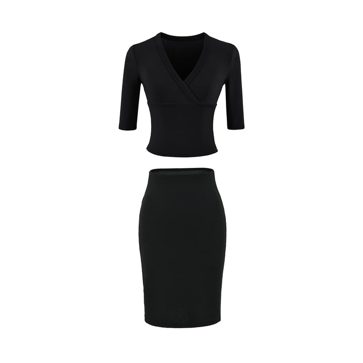 Damen Zweiteiliges figurbetontes Wickel-Top mit Dreiviertelärmeln und Highwaist-Bleistiftrock Echoarchiv