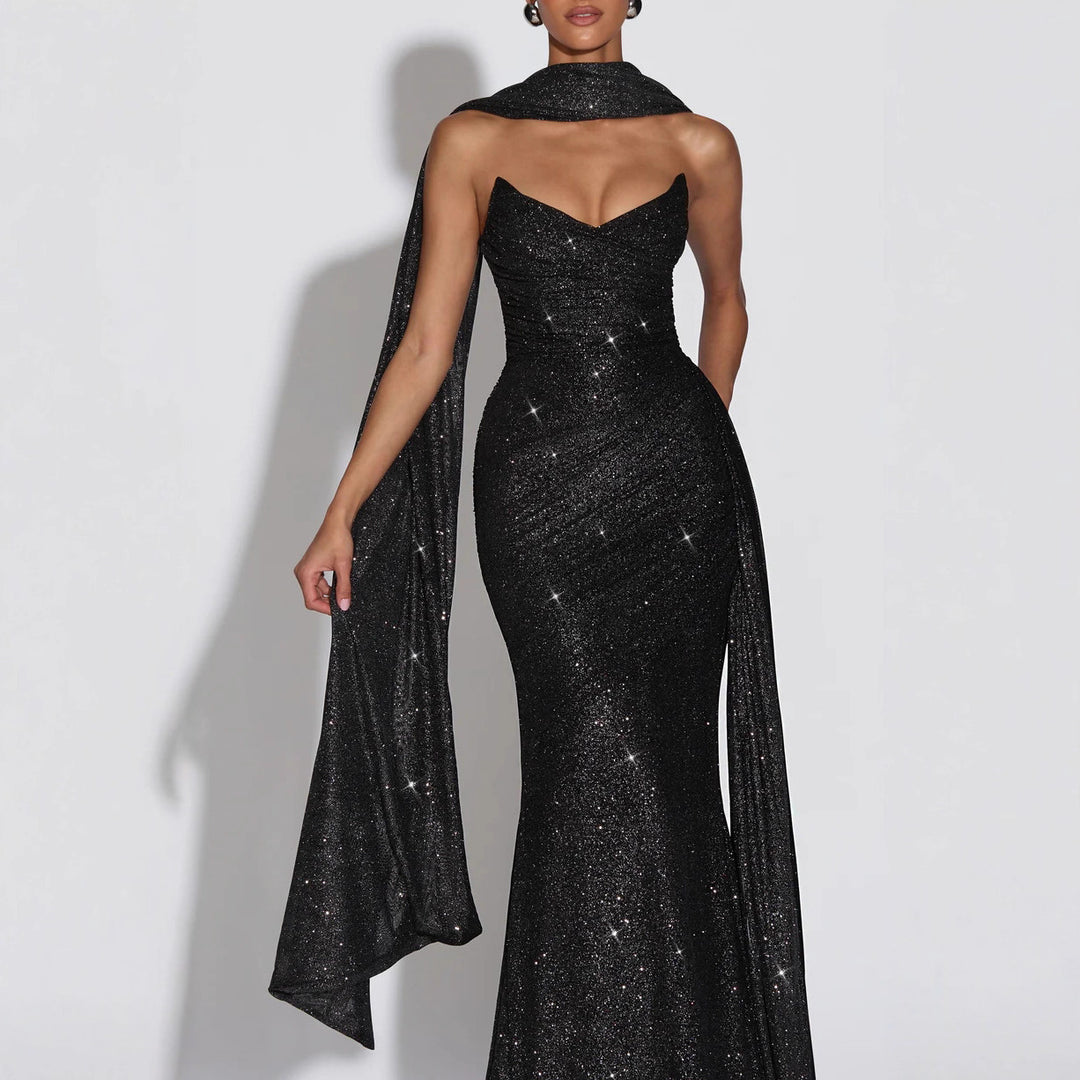 Damen Glamouröses Abendkleid mit tiefem V-Ausschnitt und schimmerndem Überwurf Echo Archiv