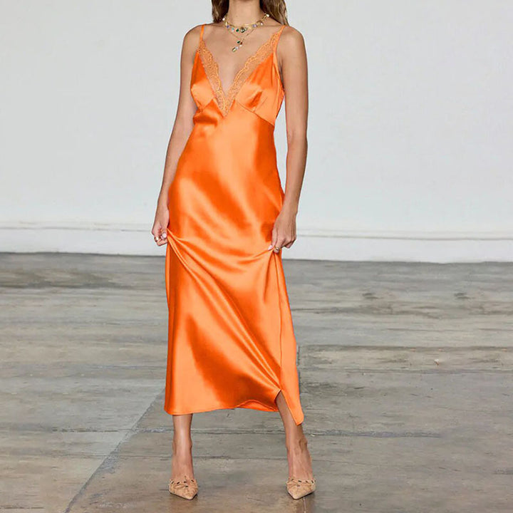 Damen Elegantes Satin-Maxikleid mit transparenter Spitze Echo Archiv
