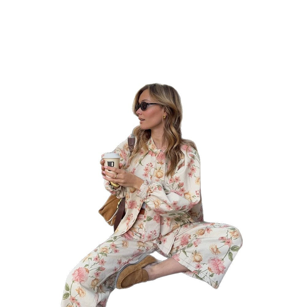 Damen Zweiteiliges Blumen-Print Co-Ord-Set mit Oversize-Blouson und High-Waist-Hose Echoarchiv