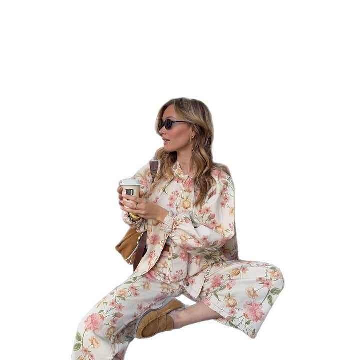 Damen Zweiteiliges Blumen-Print Co-Ord-Set mit Oversize-Blouson und High-Waist-Hose Echoarchiv