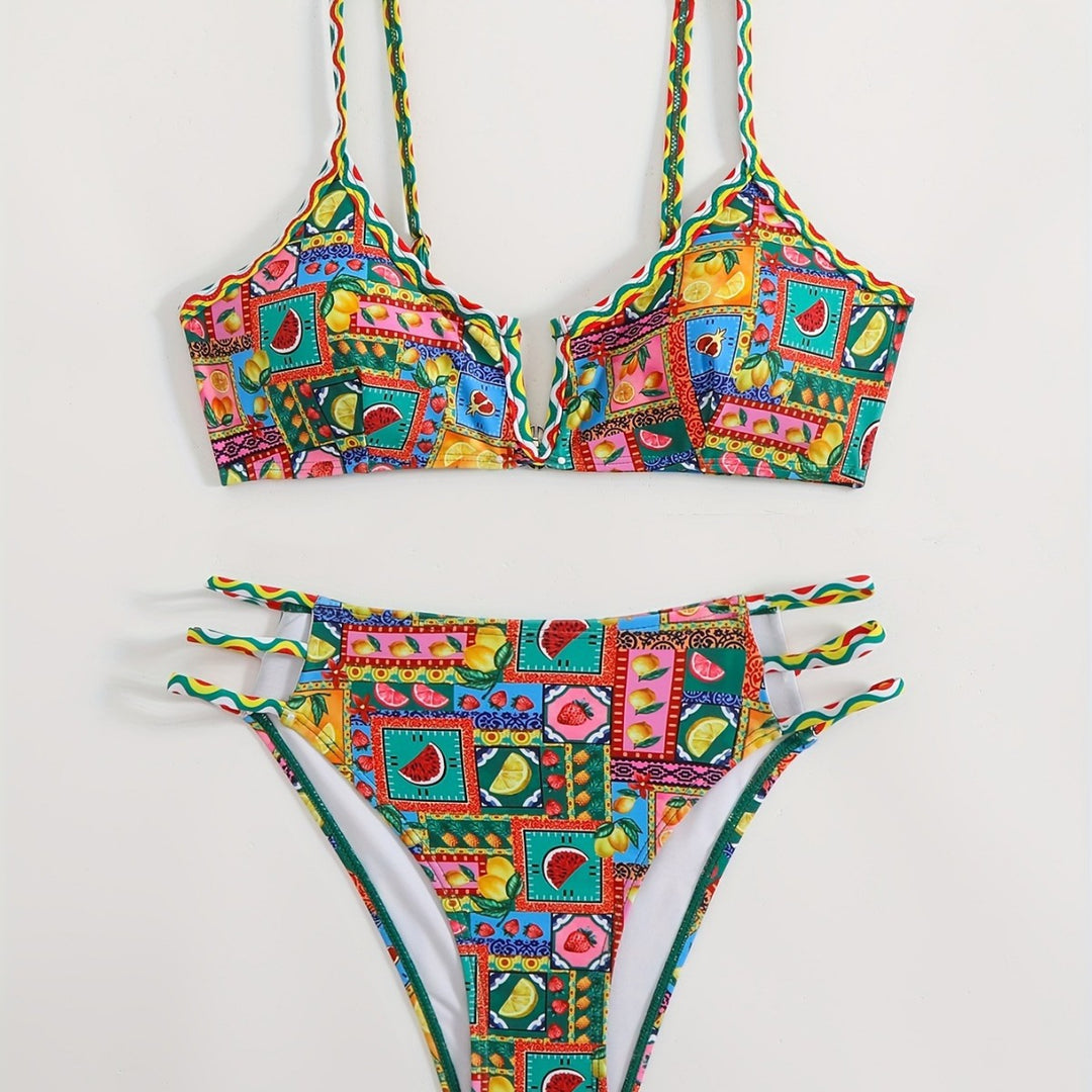 Damen Bikini-Set mit buntem Fruchtmuster und raffinierten Trägerdetails Echo Archiv