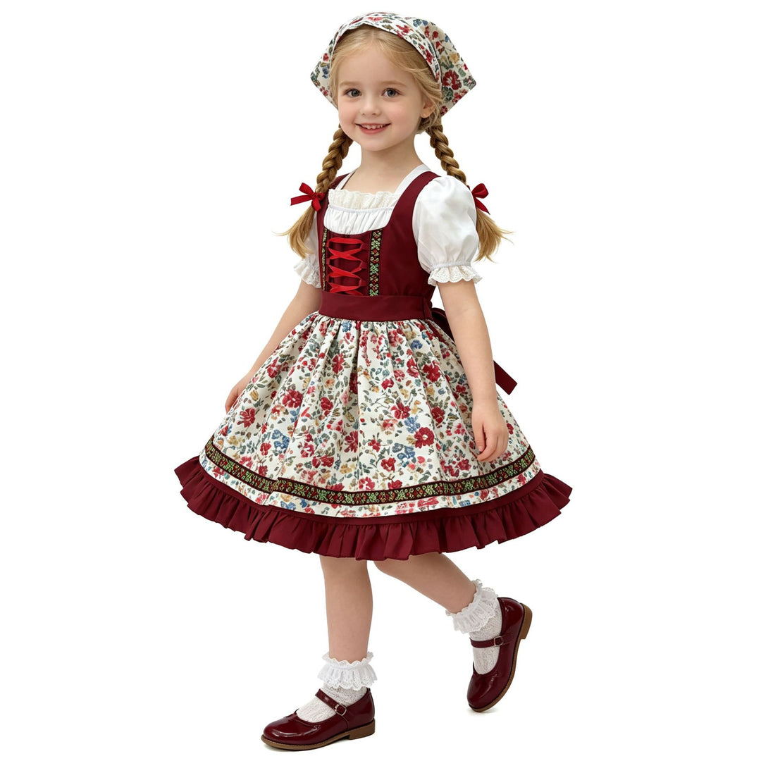 Damen nan traditionelles Kinderdirndl-Set mit bestickter Schürze, Rüschenbluse und Halstuch Echo Archiv
