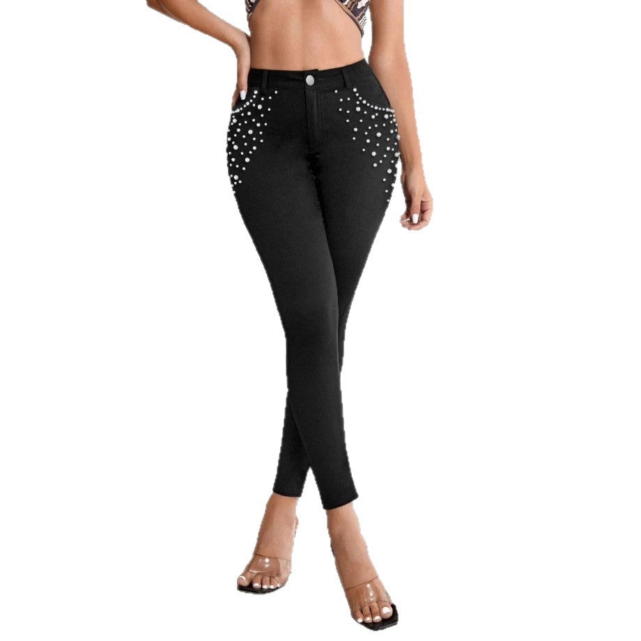 Damen Hochtaillierte Skinny-Jeans mit Perlenverzierung Echo Archiv