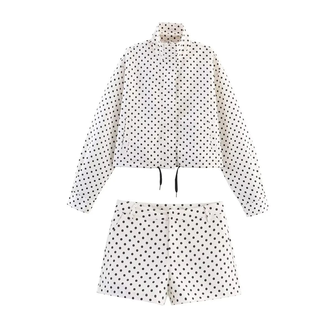 Damen nan kurz geschnittenes Zweiteiler-Set mit gepunkteter Cropped-Jacke, Stehkragen und Highwaist-Shorts Echo Archiv