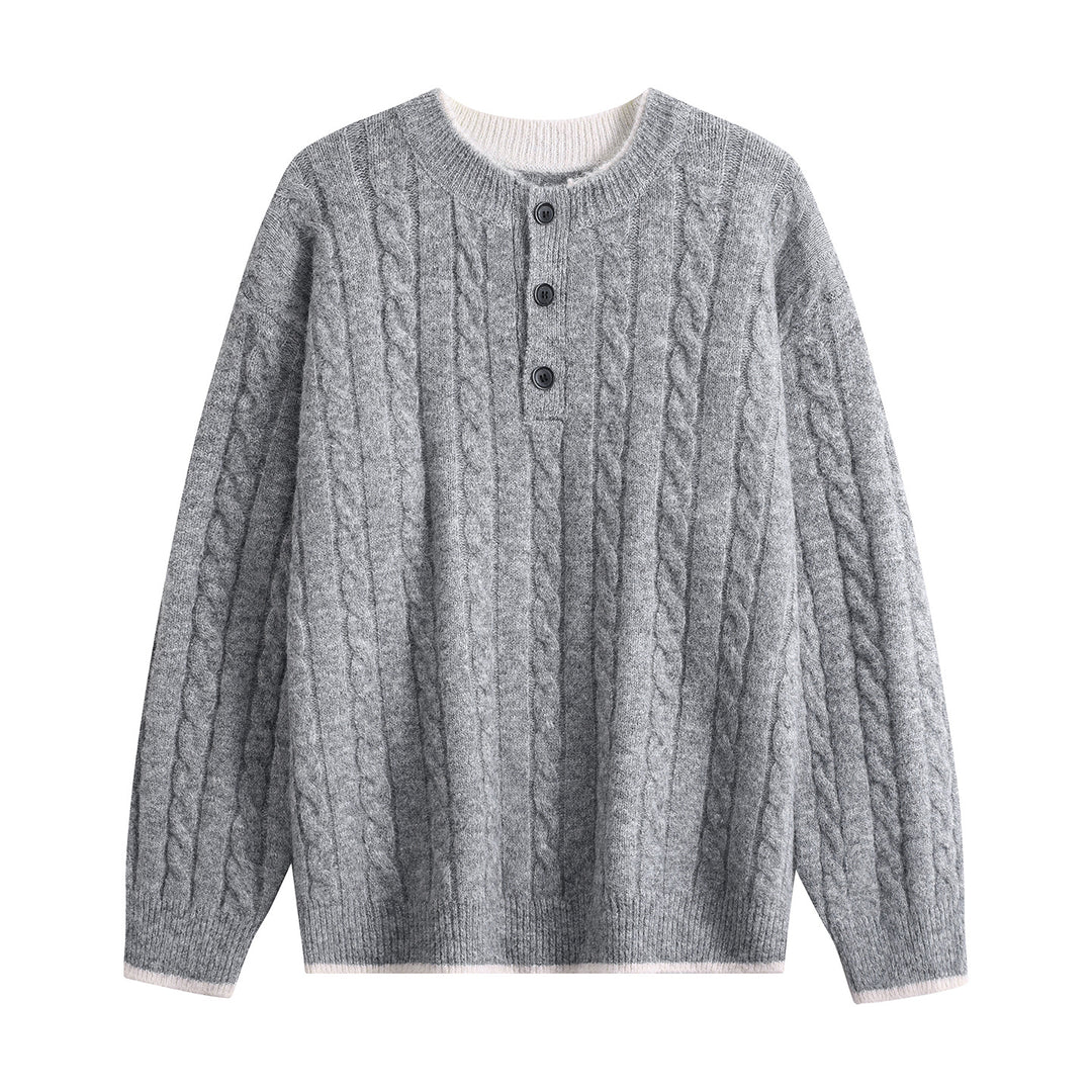 Damen Zopfmuster-Henley-Pullover mit Rundhalsausschnitt & Knopfleiste Echoarchiv