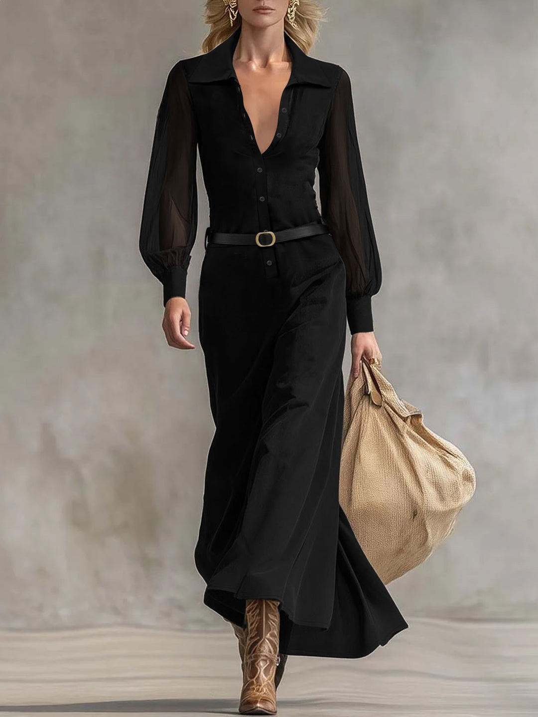 Damen Schlankes Maxi‑Hemdkleid mit transparenten Ballonärmeln und taillierter Silhouette – Valéora