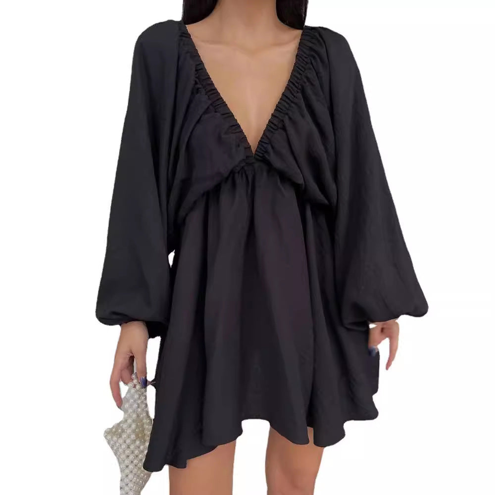 Damen Lockeres Minikleid mit tiefem V-Ausschnitt und Ballonärmeln Echoarchiv
