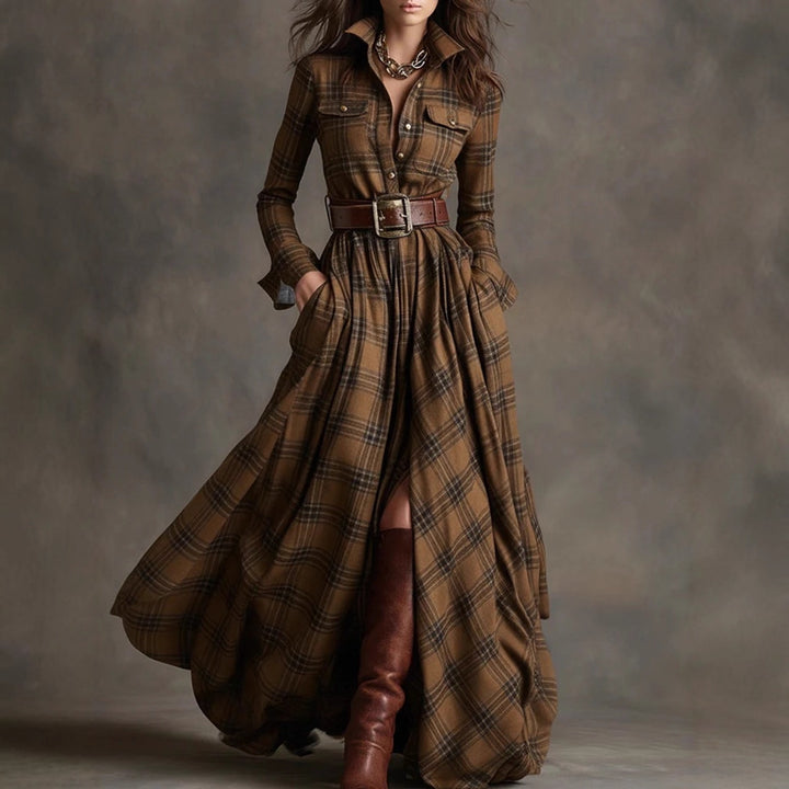 Damen nan karierte Maxikleid Hemdblusenkleid mit ausgestelltem Rock und breitem Taillengürtel Echo Archiv