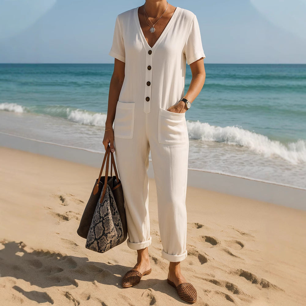 Damen Modischer Jumpsuit mit V-Ausschnitt und Taschen Echo Archiv