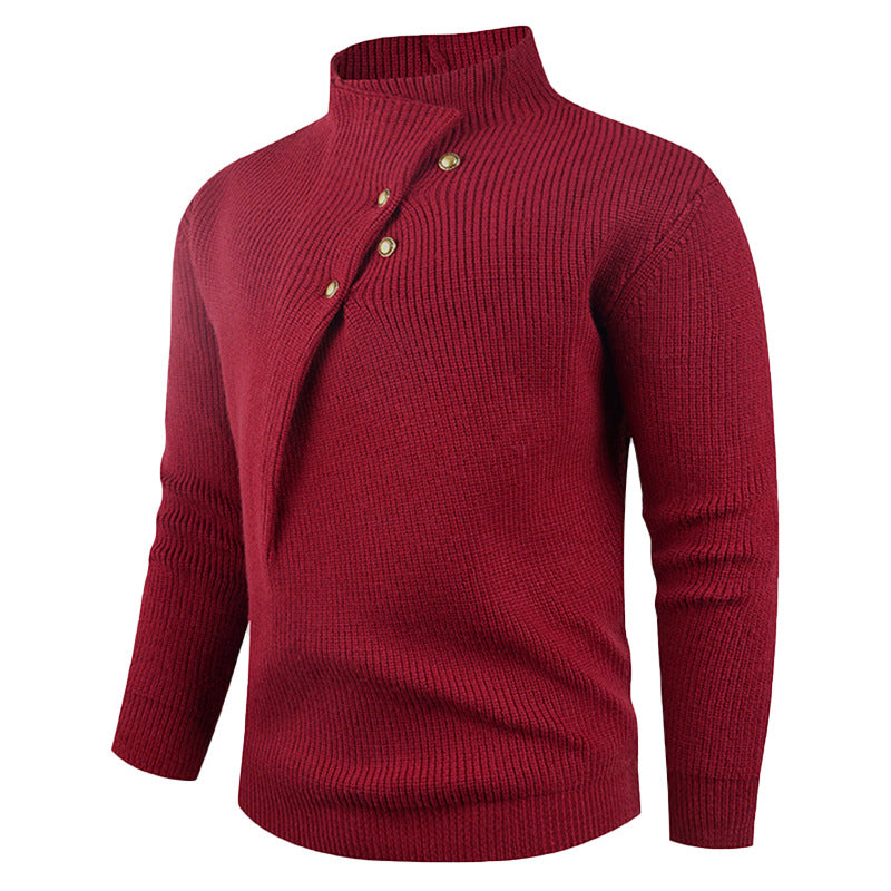 Herren Strickpullover mit asymmetrischem Kragen und dekorativen Holzknöpfen Echoarchiv