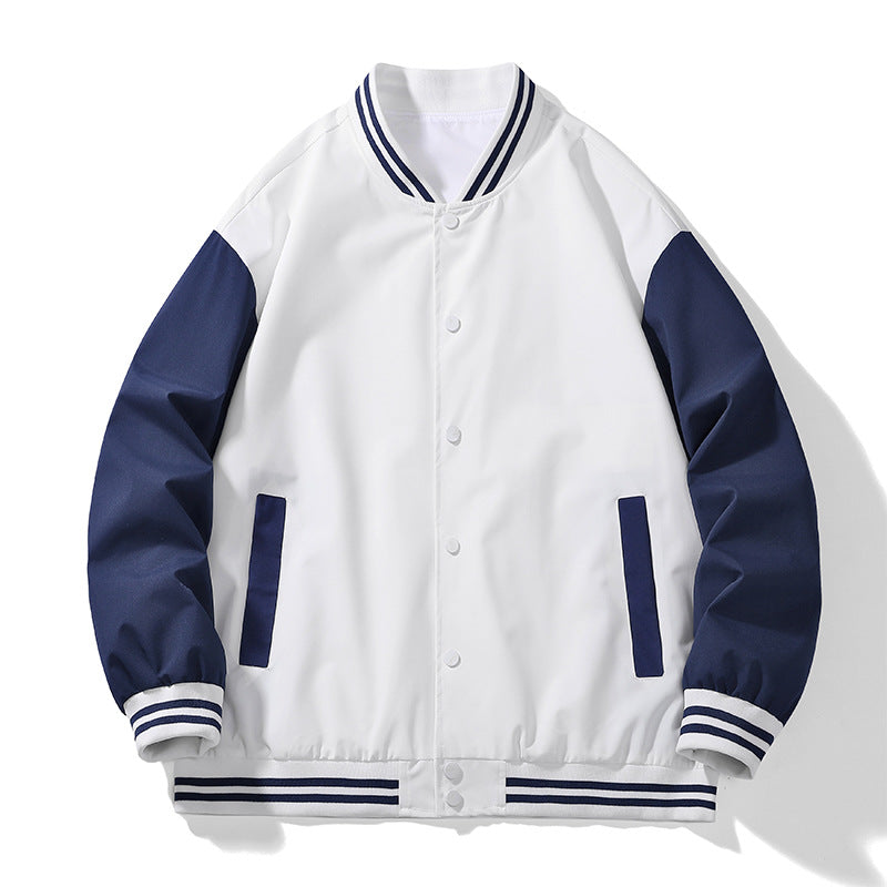 Unisex College Varsity Bomberjacke mit kontrastierenden Ärmeln, gestreiften Rippbündchen und Druckknopfverschluss – Brevano