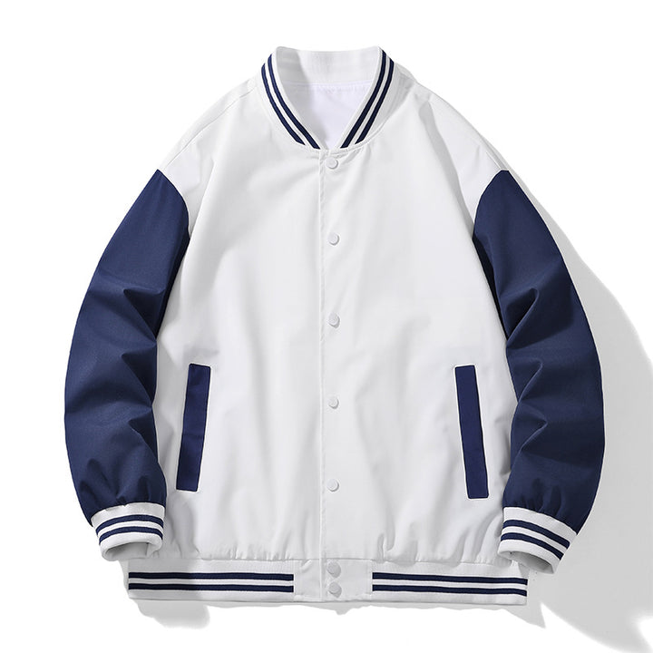 Unisex College Varsity Bomberjacke mit kontrastierenden Ärmeln, gestreiften Rippbündchen und Druckknopfverschluss – Brevano