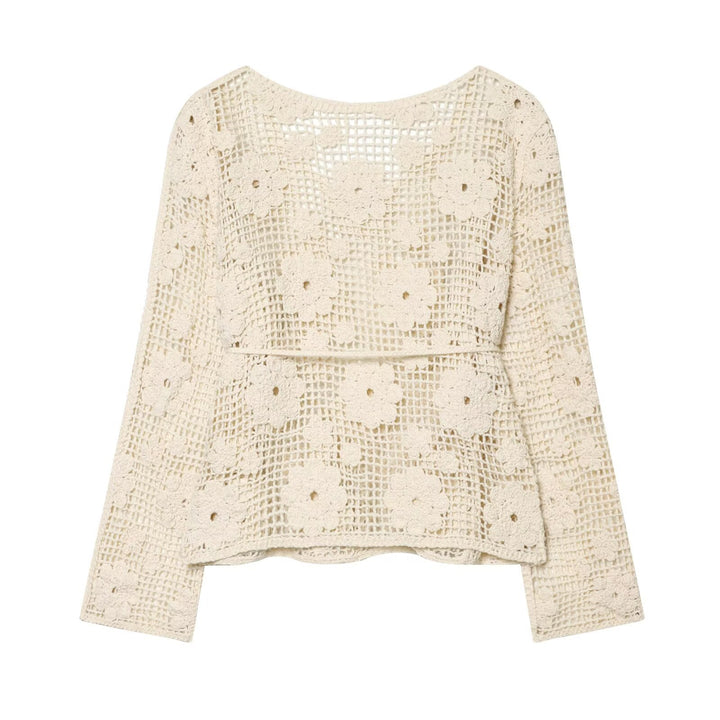 Damen gehäkelter Oversize-Pullover mit Blumen-Openwork und Rundhalsausschnitt Echo Archiv