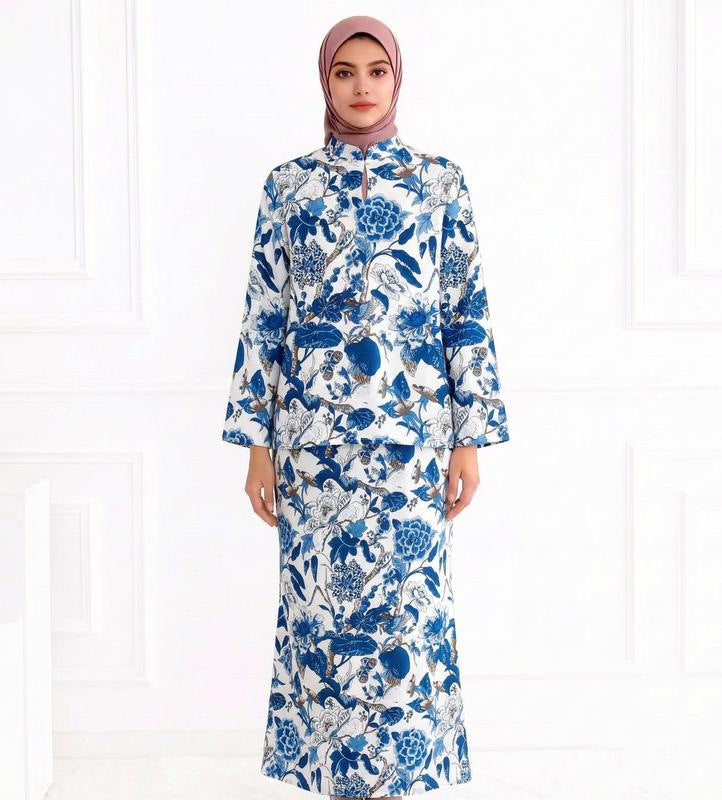 Damen Zweiteiliges Modest-Set aus Tunika mit Stehkragen und geradem Maxirock mit Blumenprint Echo Archiv