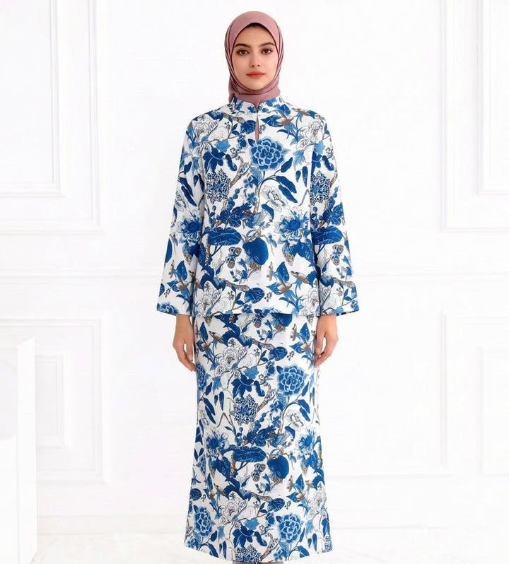 Damen Zweiteiliges Modest-Set aus Tunika mit Stehkragen und geradem Maxirock mit Blumenprint Echo Archiv