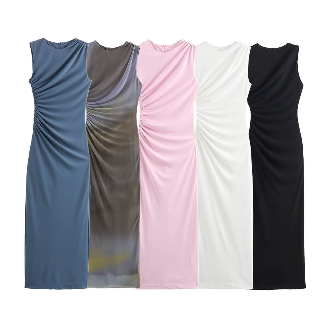 Echoarchiv | Einfarbiges Rundhalsausschnitt Ärmelloses Faltendes Slim Fit Kleid