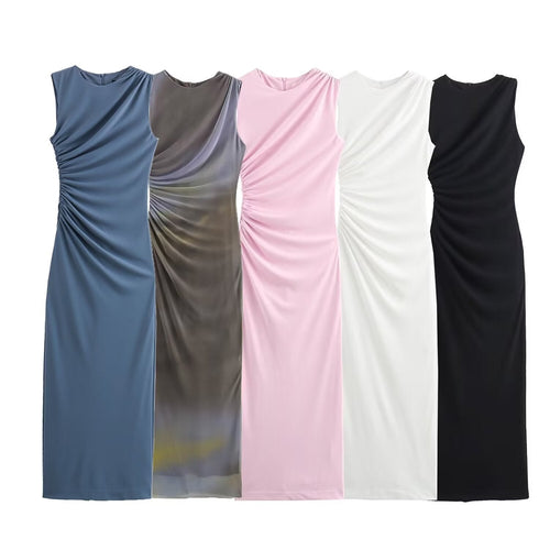 Echoarchiv | Einfarbiges Rundhalsausschnitt Ärmelloses Faltendes Slim Fit Kleid