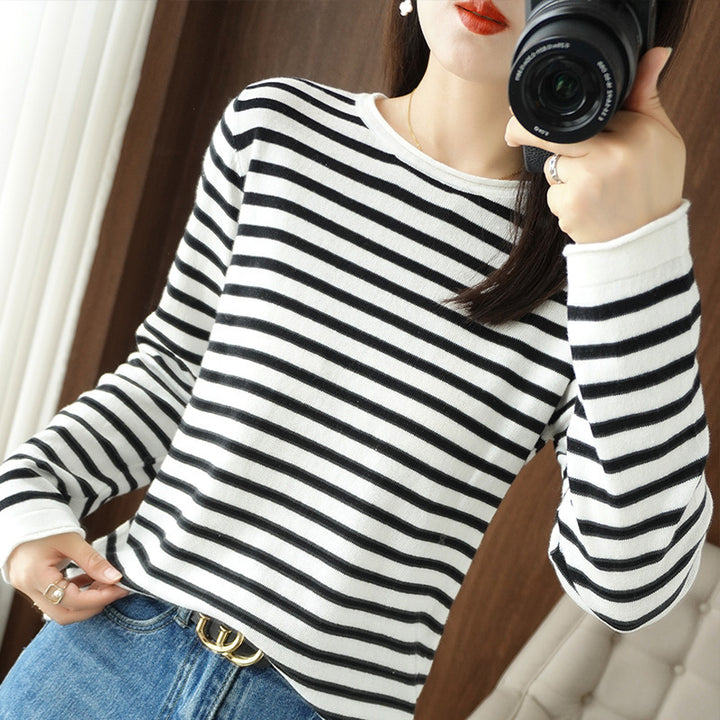 Damen Maritim inspirierter Baumwoll-Feinstrickpullover mit Streifen und leicht kastiger Silhouette Echoarchiv