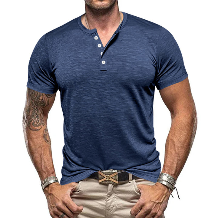 Herren Kurzarm-Henley-T-Shirt aus atmungsaktivem Baumwollmix mit modernem Schnitt Echoarchiv