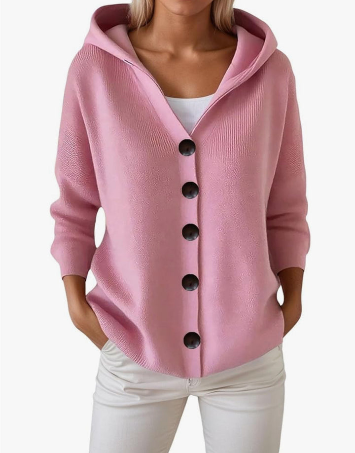 Damen Kapuzen-Strickjacke mit großen Holzknöpfen und seitlichen Eingrifftaschen – Veloura