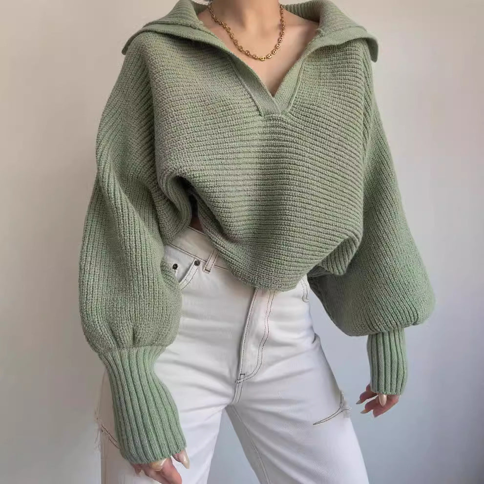 Damen Oversize Rippsweater mit Reverskragen und tiefem V‑Ausschnitt Echoarchiv