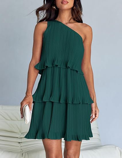 Damen Ärmelloses plissiertes Stufenkleid mit asymmetrischer Schulterpartie Echo Archiv
