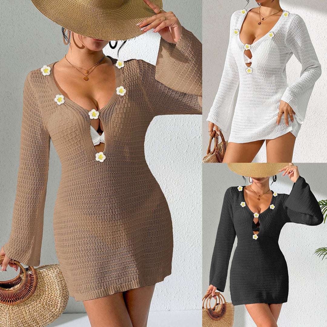 Damen lässiges Strandkleid mit dekorativem V-Ausschnitt und Blumenapplikationen Echo Archiv