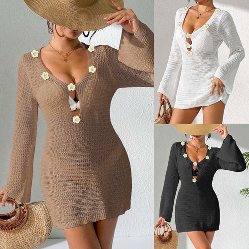 Damen lässiges Strandkleid mit dekorativem V-Ausschnitt und Blumenapplikationen Echo Archiv