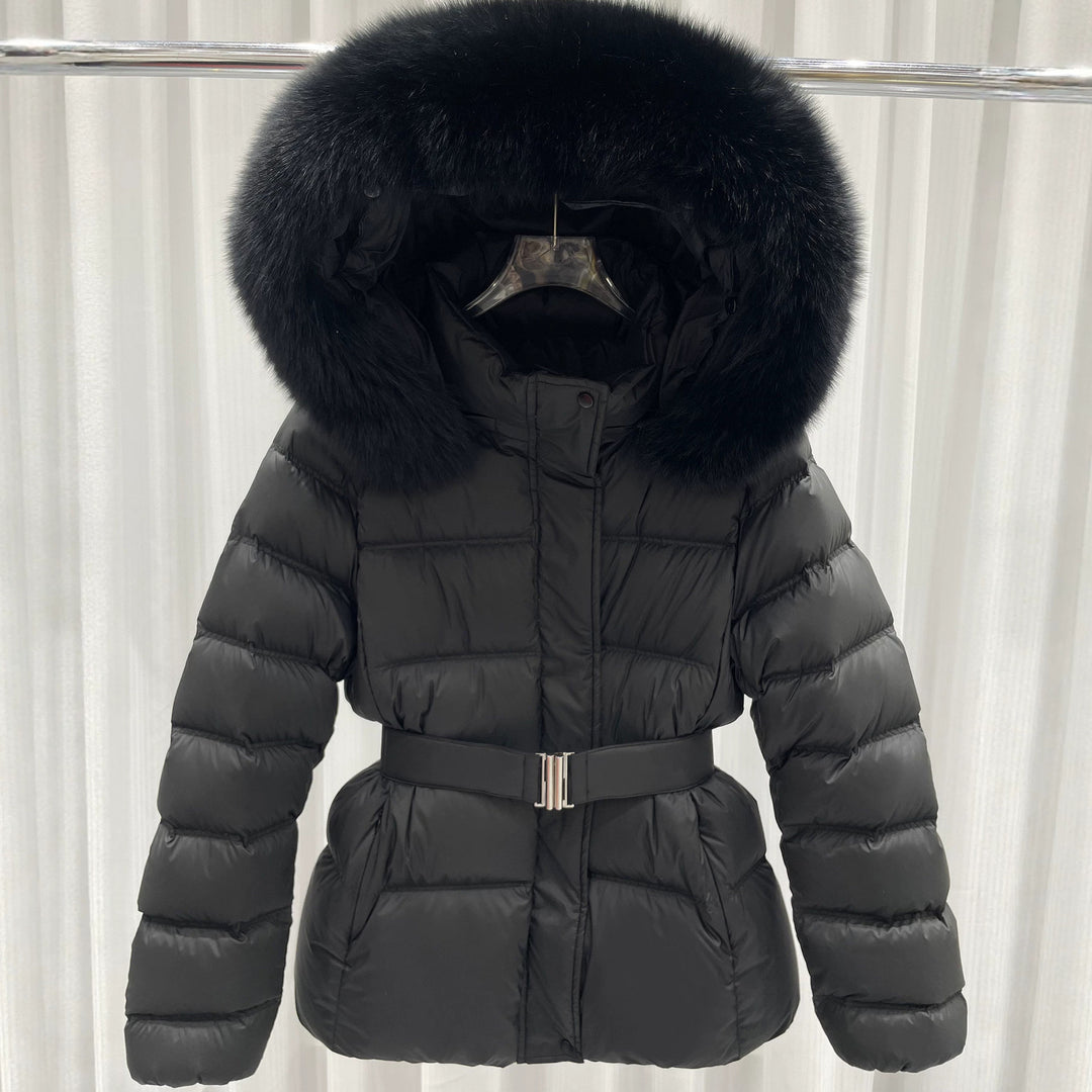 Damen Taillierte Stepp-Pufferjacke mit Gürtel, hohem Kragen und abnehmbarem Fellbesatz Echo Archiv