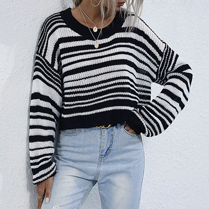 Damen Cropped-Strickpullover mit Off-Shoulder, lockerer Oversize-Passform & Streifenmuster Echoarchiv