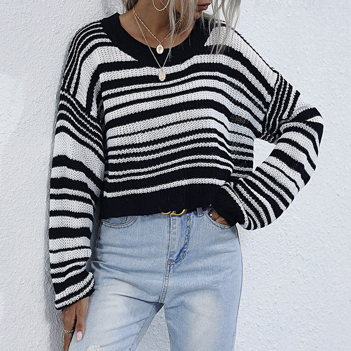 Damen Cropped-Strickpullover mit Off-Shoulder, lockerer Oversize-Passform & Streifenmuster Echoarchiv