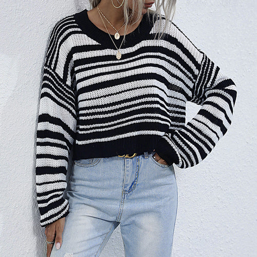 Damen Cropped-Strickpullover mit Off-Shoulder, lockerer Oversize-Passform & Streifenmuster Echoarchiv