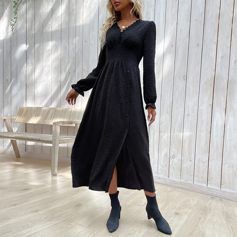 Damen Midikleid mit strukturierter Tupfen-Optik, V-Ausschnitt und tailliertem Empire-Schnitt Echoarchiv