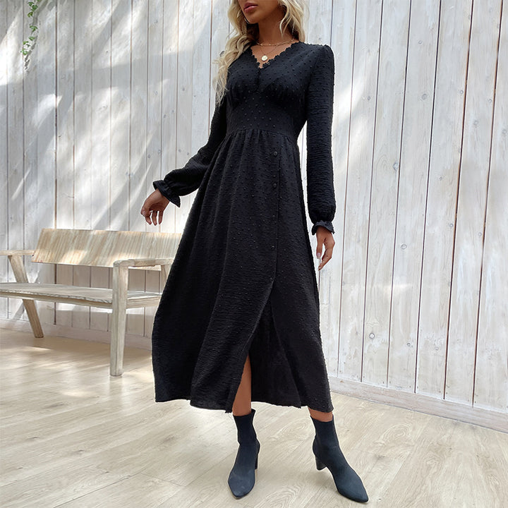 Damen Midikleid mit strukturierter Tupfen-Optik, V-Ausschnitt und tailliertem Empire-Schnitt Echoarchiv