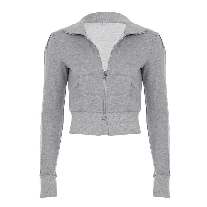 Damen nan taillierte Cropped-Kapuzenjacke mit durchgehendem Reißverschluss, elastischem Abschlussbund und dekorativem College-Print Echo Archiv