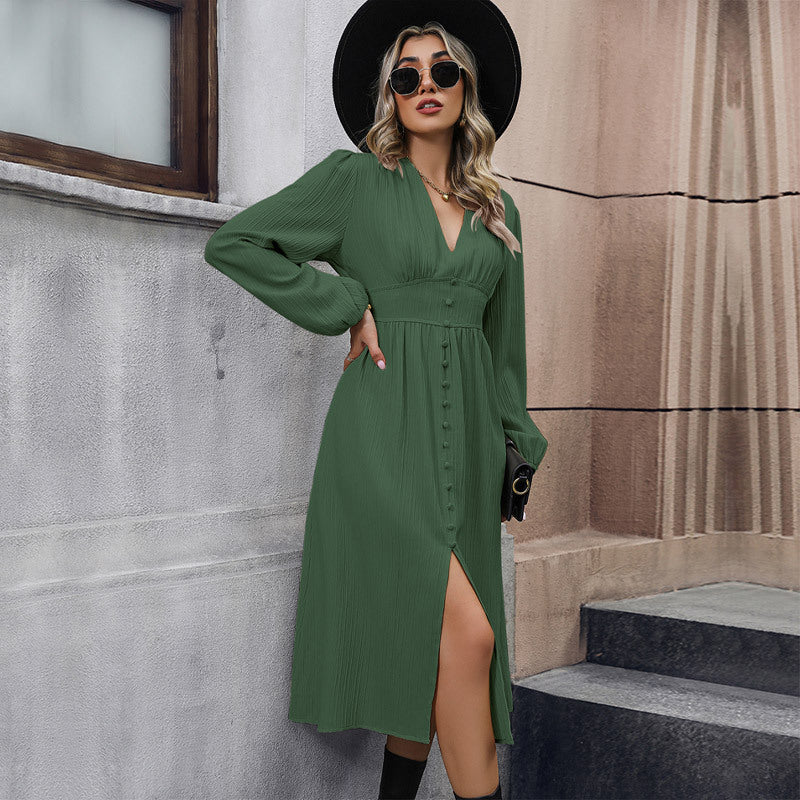Damen Midi-Kleid mit Knopfdetails und V-Ausschnitt Echo Archiv