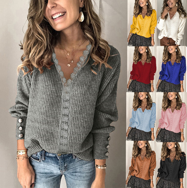 Damen Oversize Feinstrickpullover mit Spitzen‑V‑Ausschnitt und Zierknopfärmeln Echoarchiv