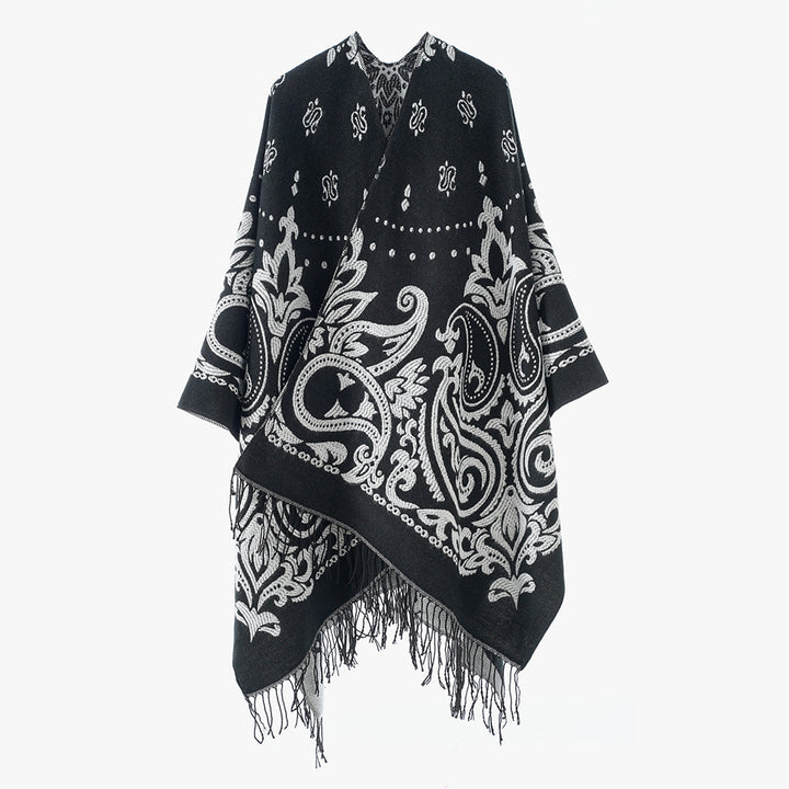 Damen Opulenter Jacquard‑Poncho im Kaftan‑Stil mit Fransen und Paisley‑Relief Echo Archiv
