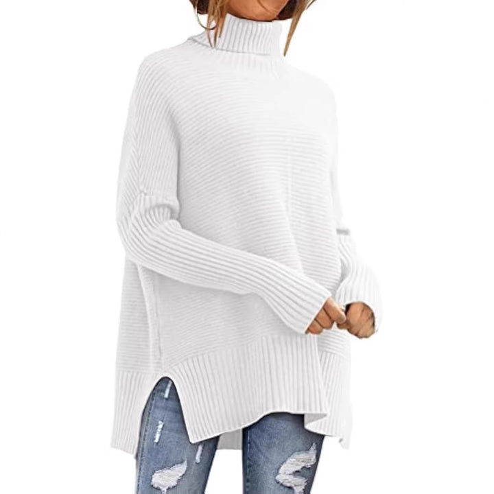 Damen Oversize-Rippenstrick Rollkragenpullover mit Seitenschlitzen und verlängertem Saum – Mavelle