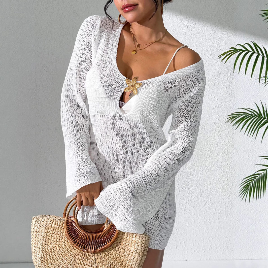 Damen gehäkeltes Strandkleid mit elegantem V-Ausschnitt und langen Ärmeln Echo Archiv
